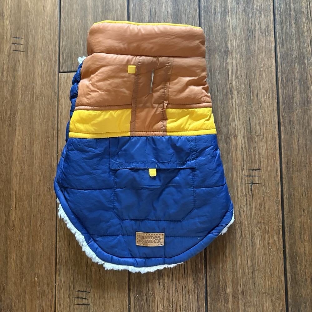 Heart to Tail Warm Sherpa Lined Nylon Dog Coat/Jacket Size S Blue Brown Yellow